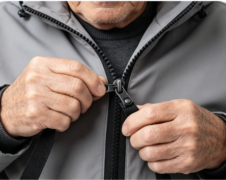 Person in wheelchair wearing adaptive jacket with magnetic zipper